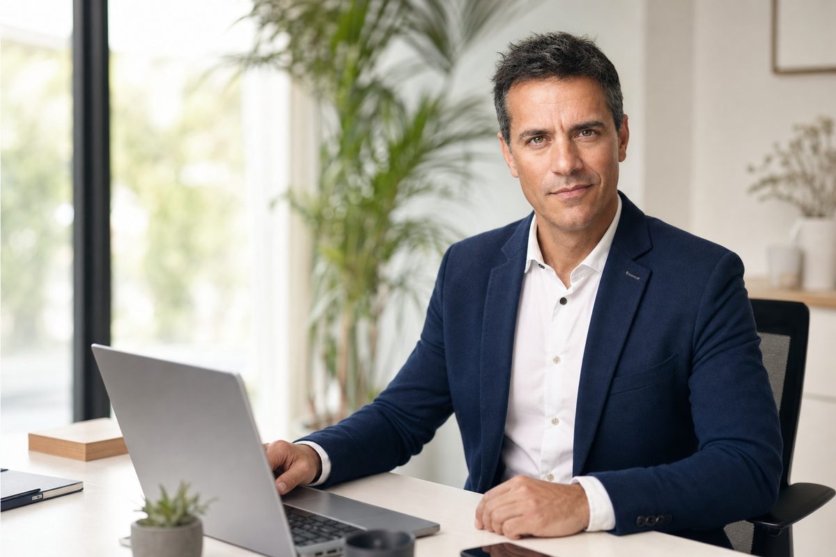 Martín Ferrer, el agente de migraciones de InMigra, en su mesa de trabajo